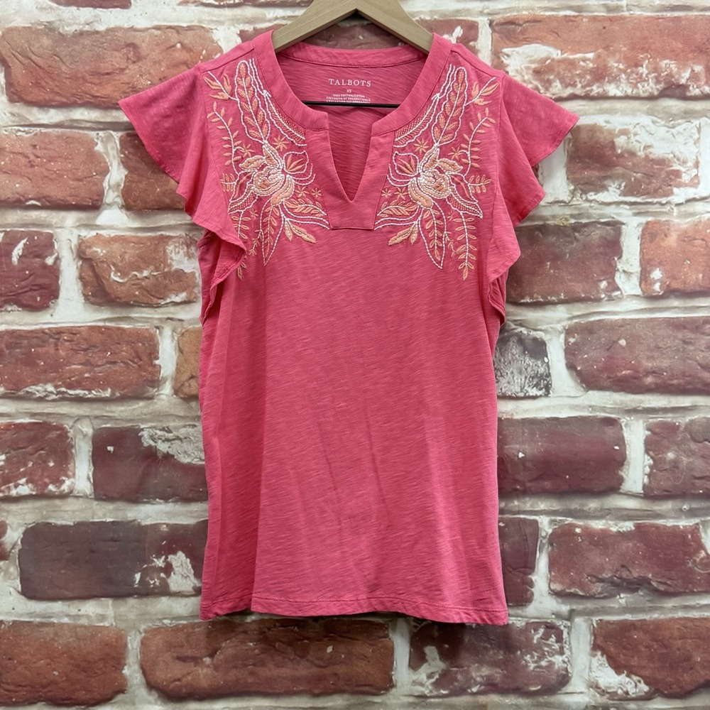 Talbots Top Women's XS Pink Boho Chic Floral Embroidered Slubbed Casual Shirt